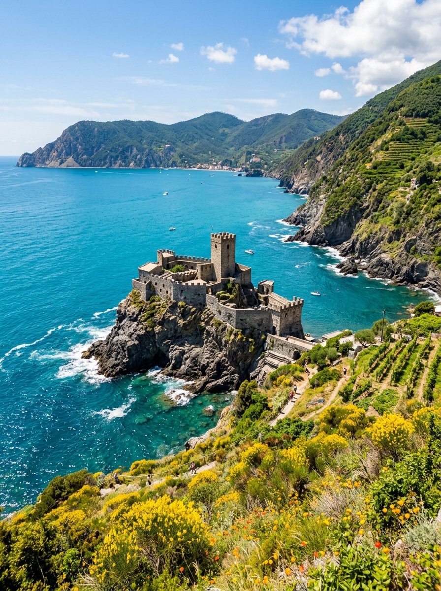 Historic coastal citadel tower overlooking turquoise Mediterranean waters with yellow flowers