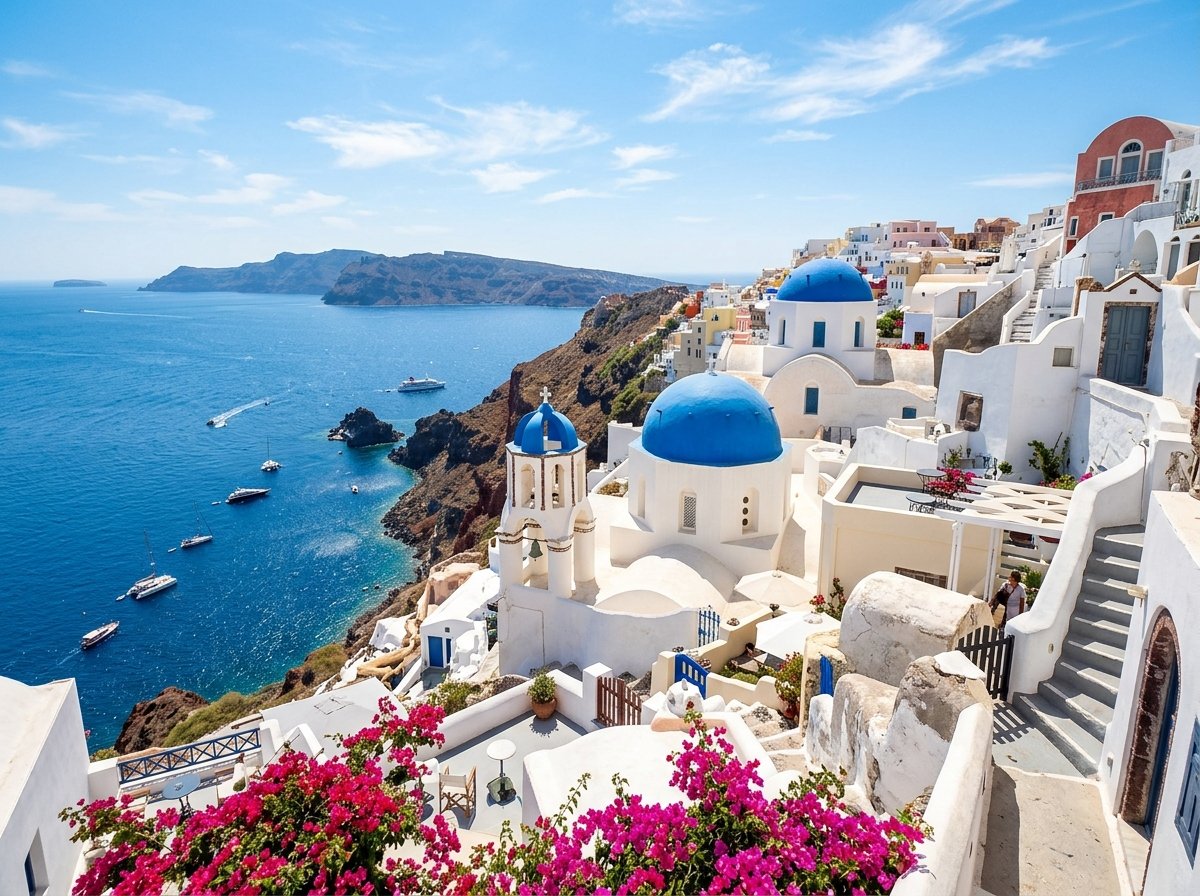 Picturesque whitewashed villas and blue domes overlooking the Aegean sea in Santorini