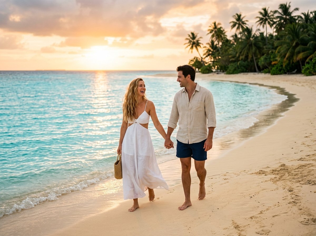 Couple on luxury white beach